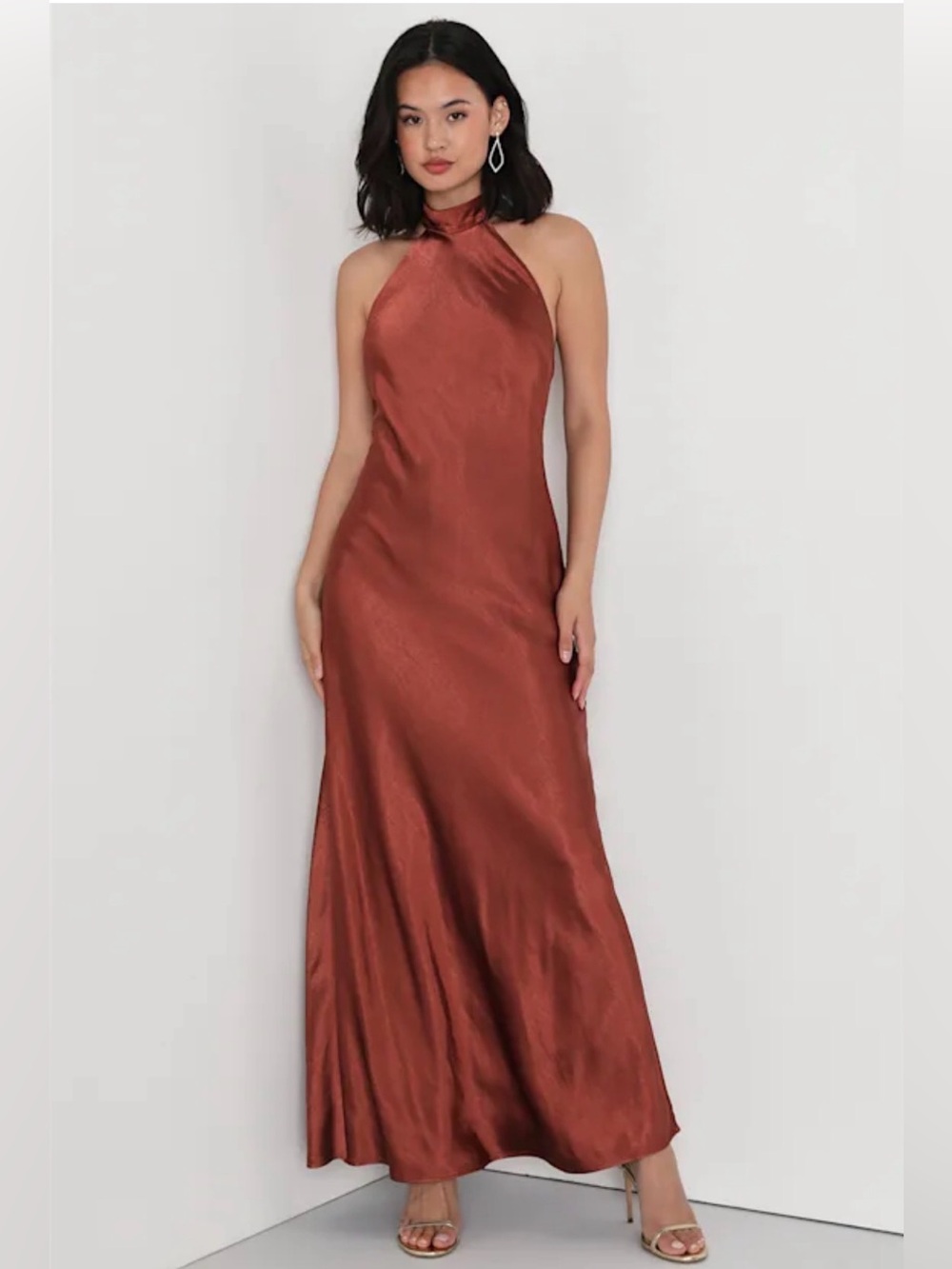 Lulus Love in Your Life Rust Brown Satin Halter Maxi Dress Size L NWT